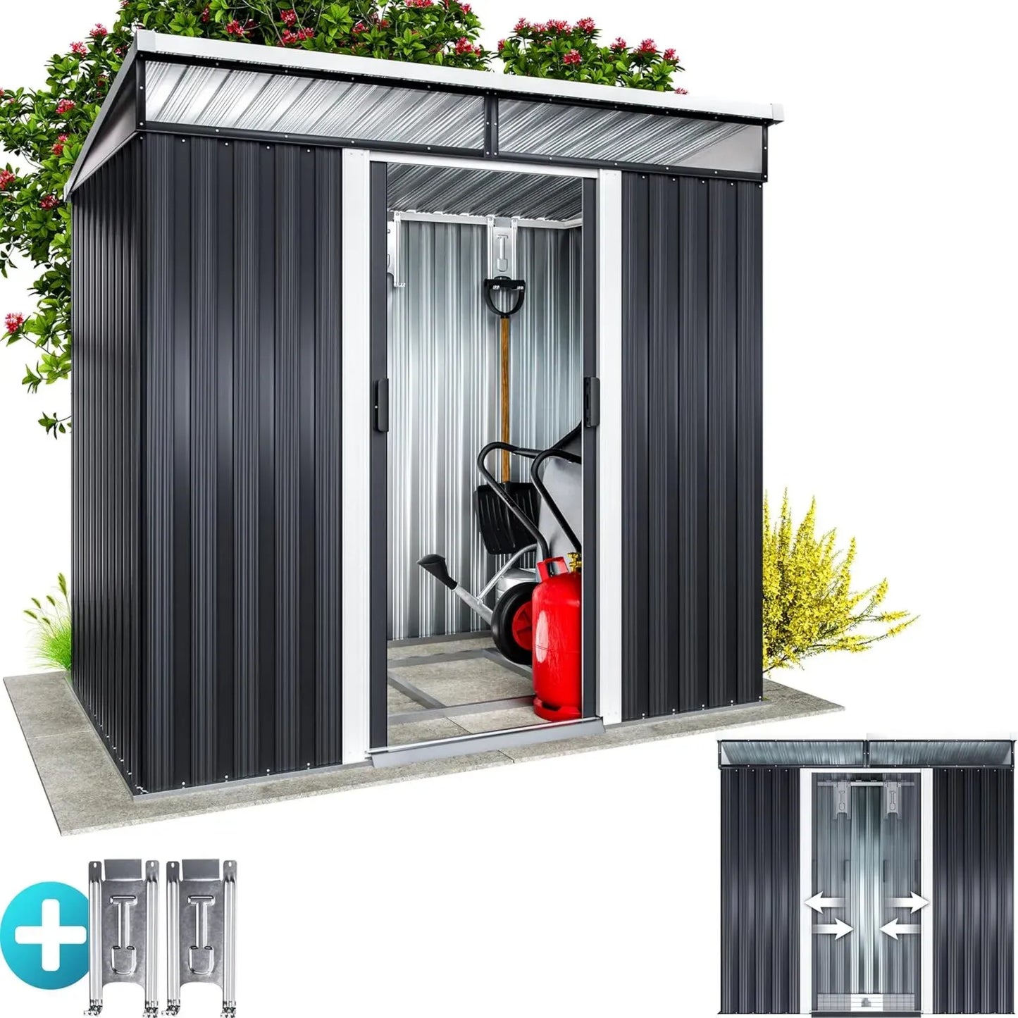 Abri de Jardin Anthracite avec Fondation et Fenêtres, 3,4m³ 196x122x180cm - GARDEBRUK