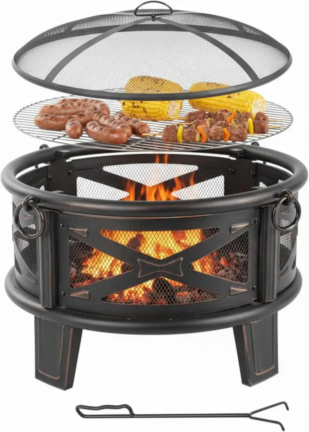 Brasero de Jardin Relaxdays 66 cm avec Grille, Pare-étincelles et Tisonnier, Noir/Bronze