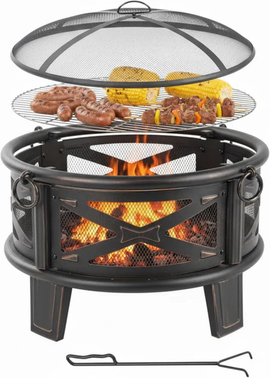 Brasero de Jardin Relaxdays 66 cm avec Grille, Pare-étincelles et Tisonnier, Noir/Bronze