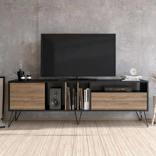 Meuble TV Industriel Baylee 180 cm en Bois Noyer et Noir avec 6 Compartiments de Rangement