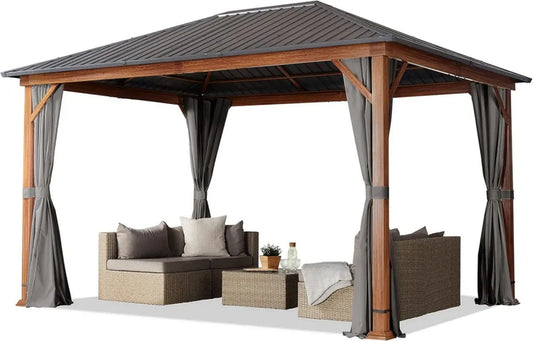 Pergola de Jardin en Imitation Bois 3x4m, Toit Acier, 4 Côtés Latéraux, Couleur Grise