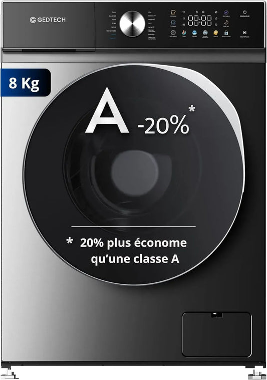 GEDTECH Lave-linge 8 Kg - 1400 tr/min - 16 programmes - Éco - Intensif - Rapide - Faible consommation - Écran LED couleur