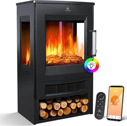 Cheminée Électrique KESSER avec Effet de Flamme LED, 9 Modes, Télécommande et WiFi, 900/1800W, Noir