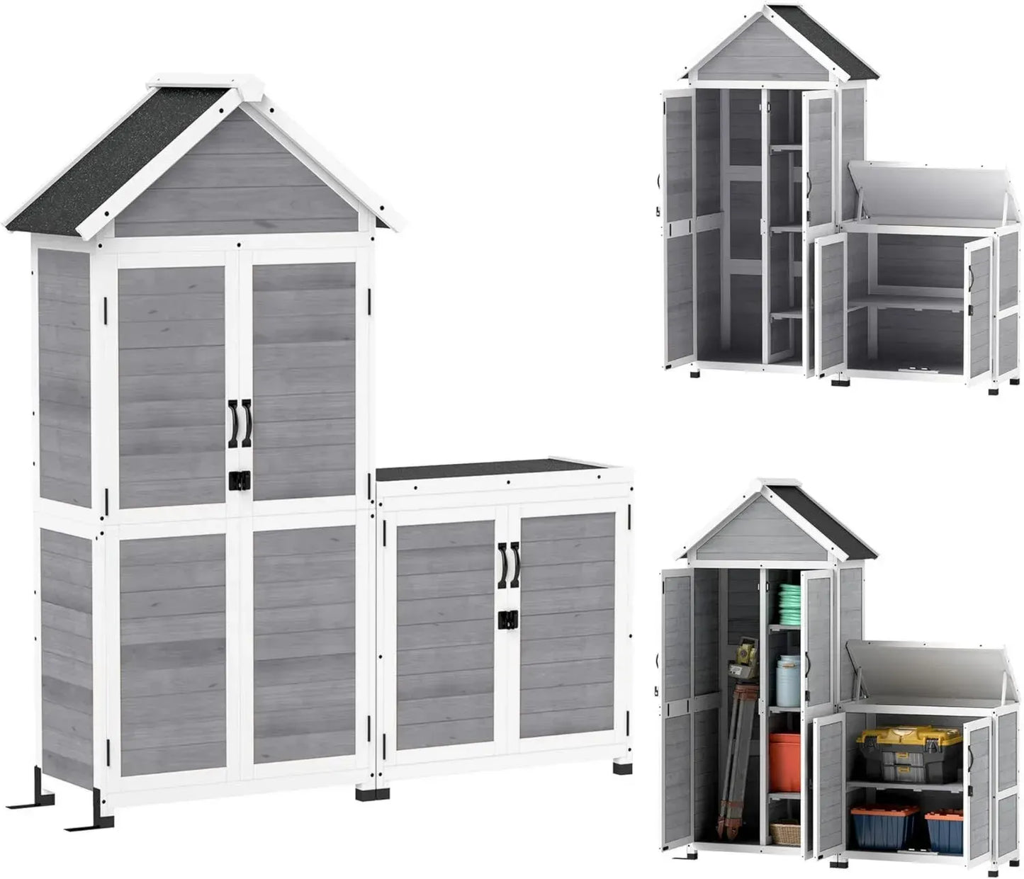 Outsunny Abri de Jardin et Armoire de Rangement Extérieur en Bois avec Toit en Asphalte et Portes Sécurisées, Étagères Incluses, Idéal pour Balcon, Gris