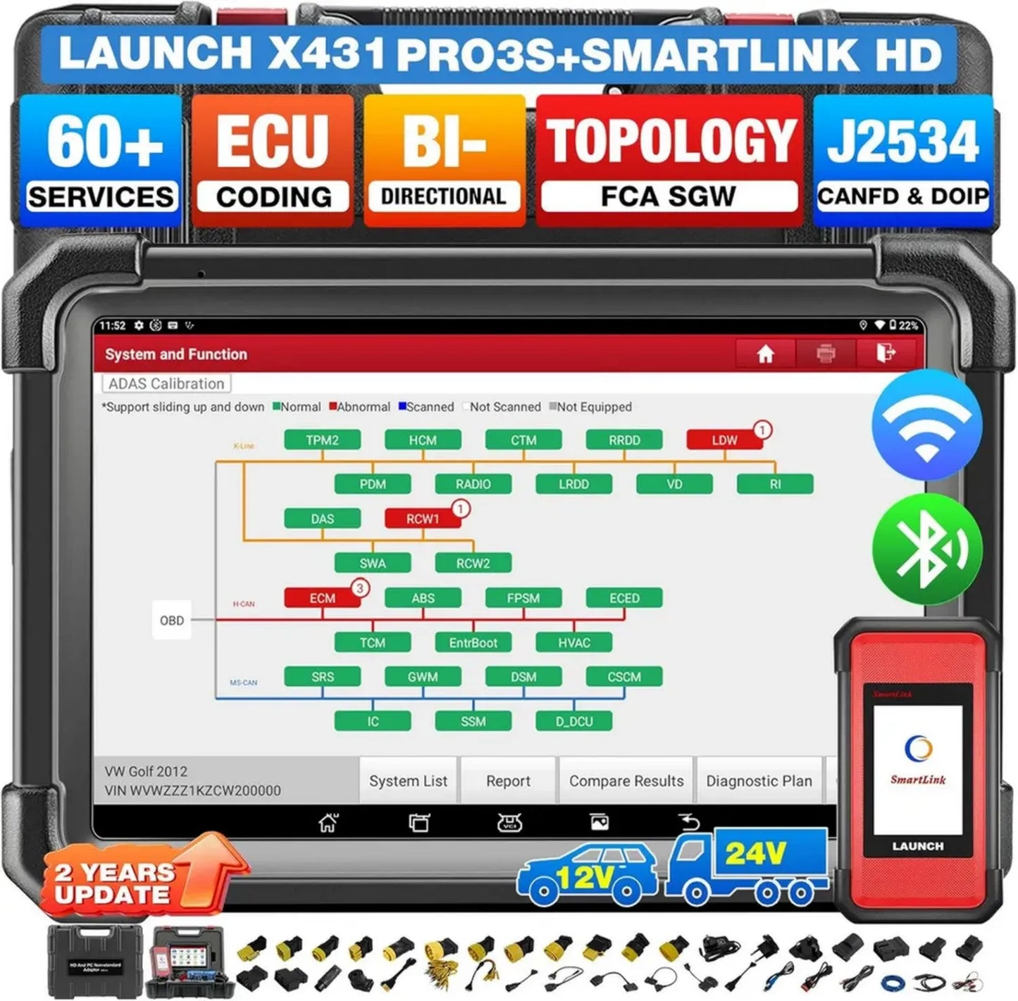 LAUNCH X431 PRO3S+ Diagnostic Avancé pour Véhicules Lourds et Léger, Support bidirectionnel 12V/24V, Moteurs Diesel et Essence, 60+ Services, Codage ECU, CANFD & DOIP