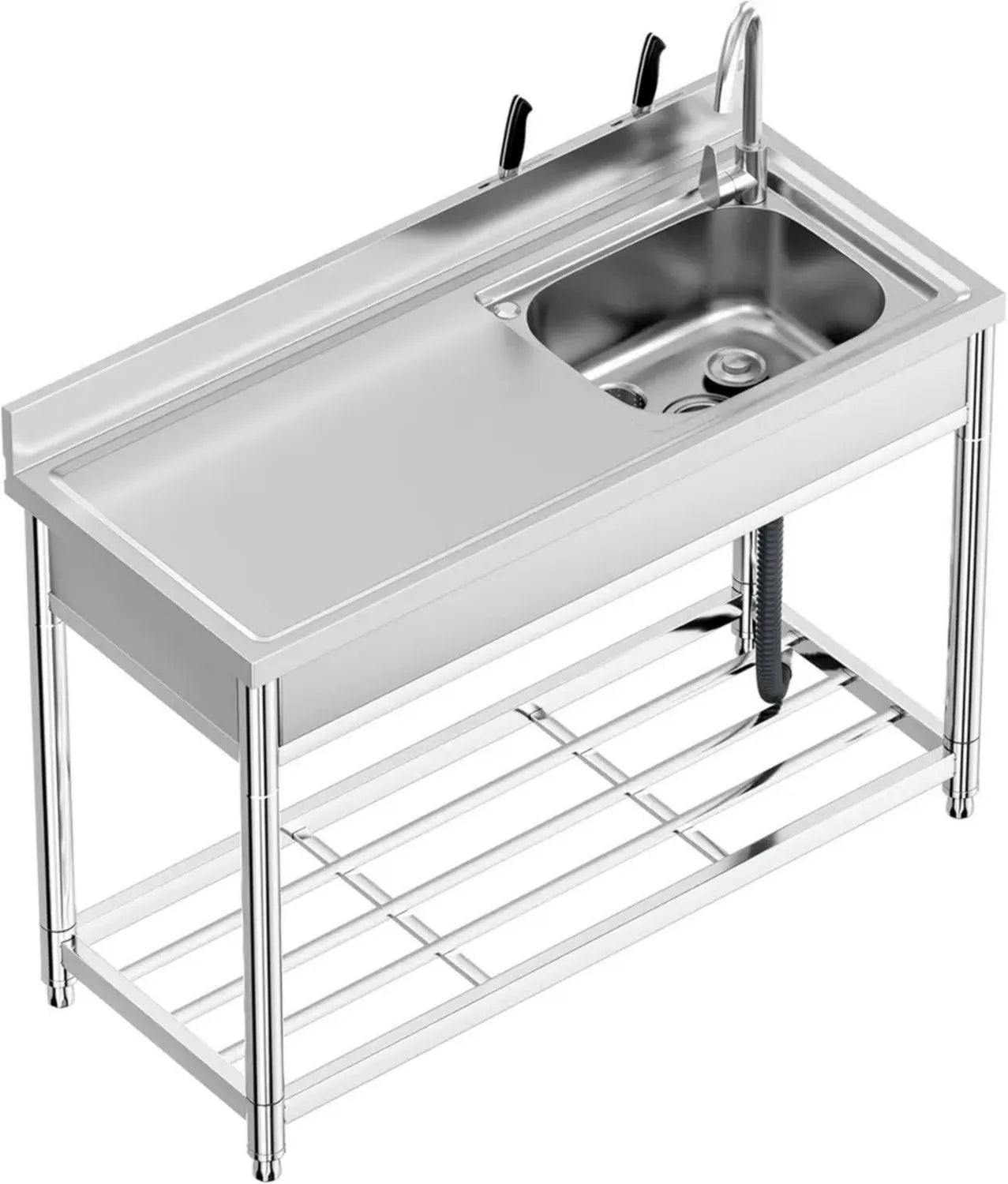 Évier en Acier Inoxydable Professionnel avec Plan de Travail, 1 Bac 120x50x94 cm - Autonome avec Mitigeur pour Cuisine, Restaurant, Garage ou Jardin