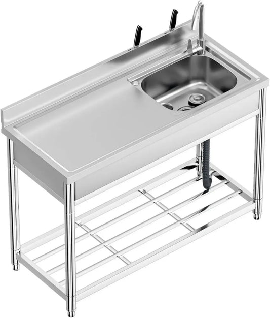 Évier en Acier Inoxydable Professionnel avec Plan de Travail, 1 Bac 120x50x94 cm - Autonome avec Mitigeur pour Cuisine, Restaurant, Garage ou Jardin