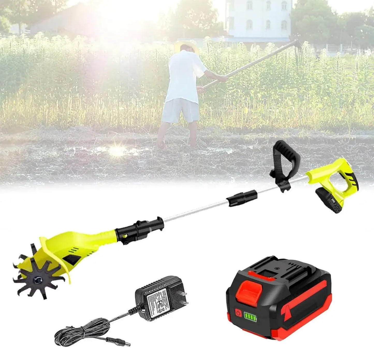 Motoculteur Électrique Sans Fil, Largeur 10,5 cm, Profondeur 25 cm, Poignée Réglable 97-127 cm
