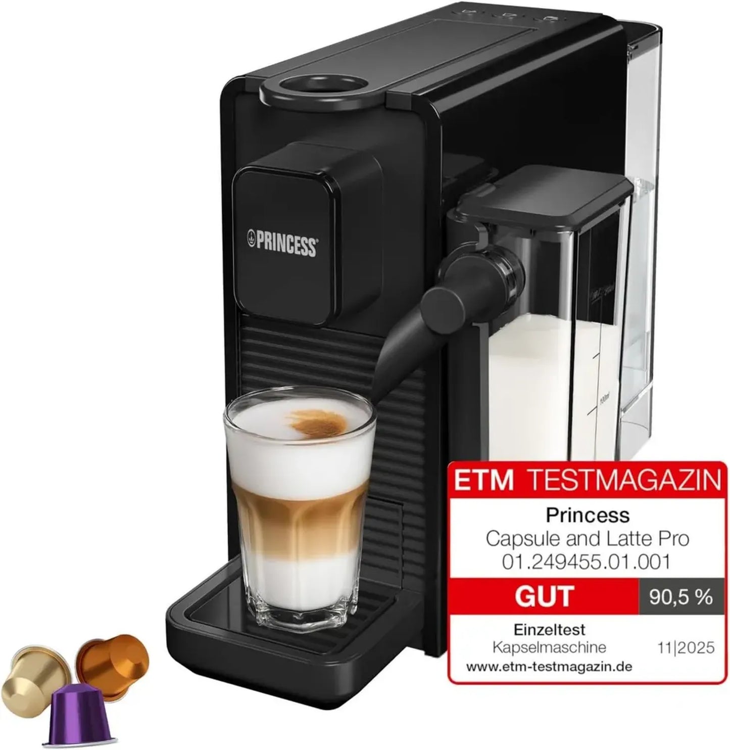 Machine à Café à Capsules Princesse et Latte Pro, Compatible Nespresso, Mousseur de Lait Intégré, 20 Bars, 1400W, Sans BPA, Entretien Facile, Arrêt Automatique