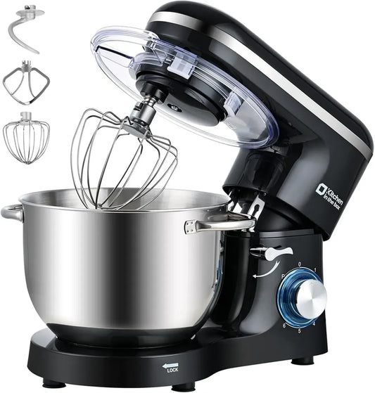 Robot Pâtissier 1400W, Bol 6,2L Inox, 6 Vitesses, Accessoires Inclus, Noir
