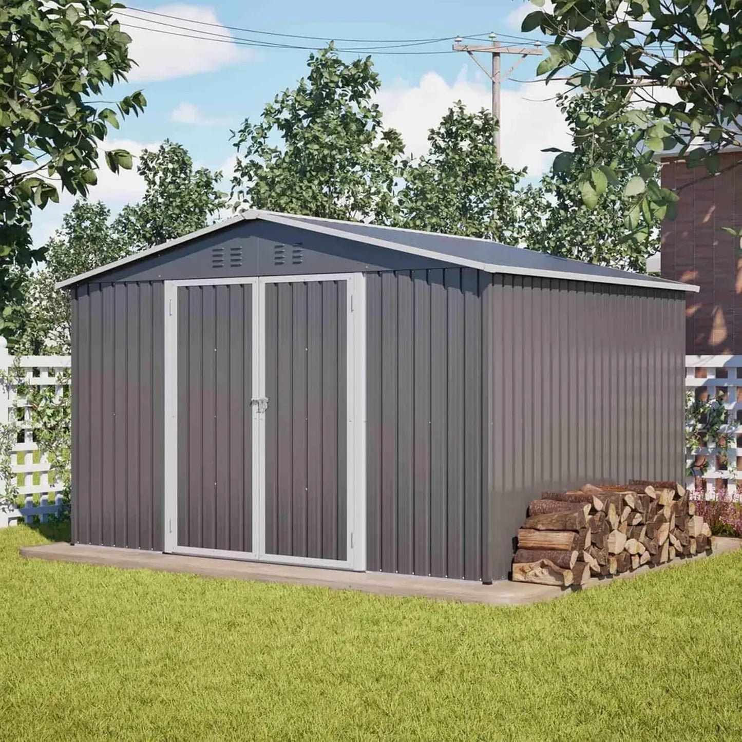 Abri de Jardin Métallique 10x8FT avec Portes Coulissantes et Aération, Cabane de Stockage Extérieur pour Outils, 300x252x191cm, Gris-C