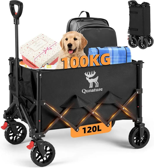 Chariot de Transport Tout Terrain 120L avec Poignée Ajustable et Frein, Cadre Acier pour Jardin et Camping