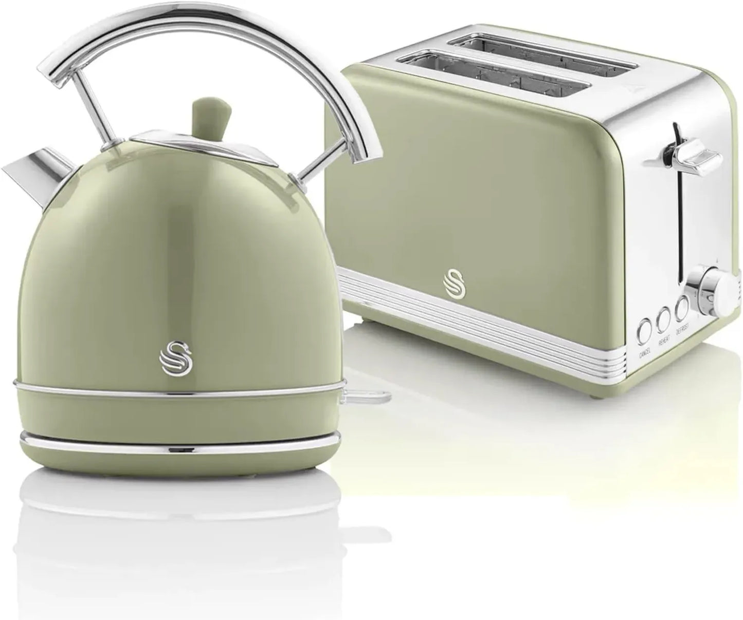 Swan Retro Set Petit-Déjeuner, Bouilloire 1,8L INOX, Grille-Pain 2 Tranches Large, 6 Niveaux, Design Vert Vintage