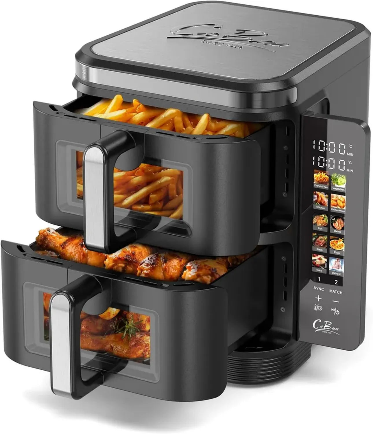 Friteuse à air double zone 11L, écran pliable, 10 programmes, fenêtre de visualisation, 2800W