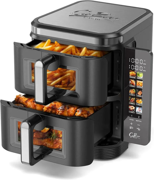 Friteuse à air double zone 11L, écran pliable, 10 programmes, fenêtre de visualisation, 2800W