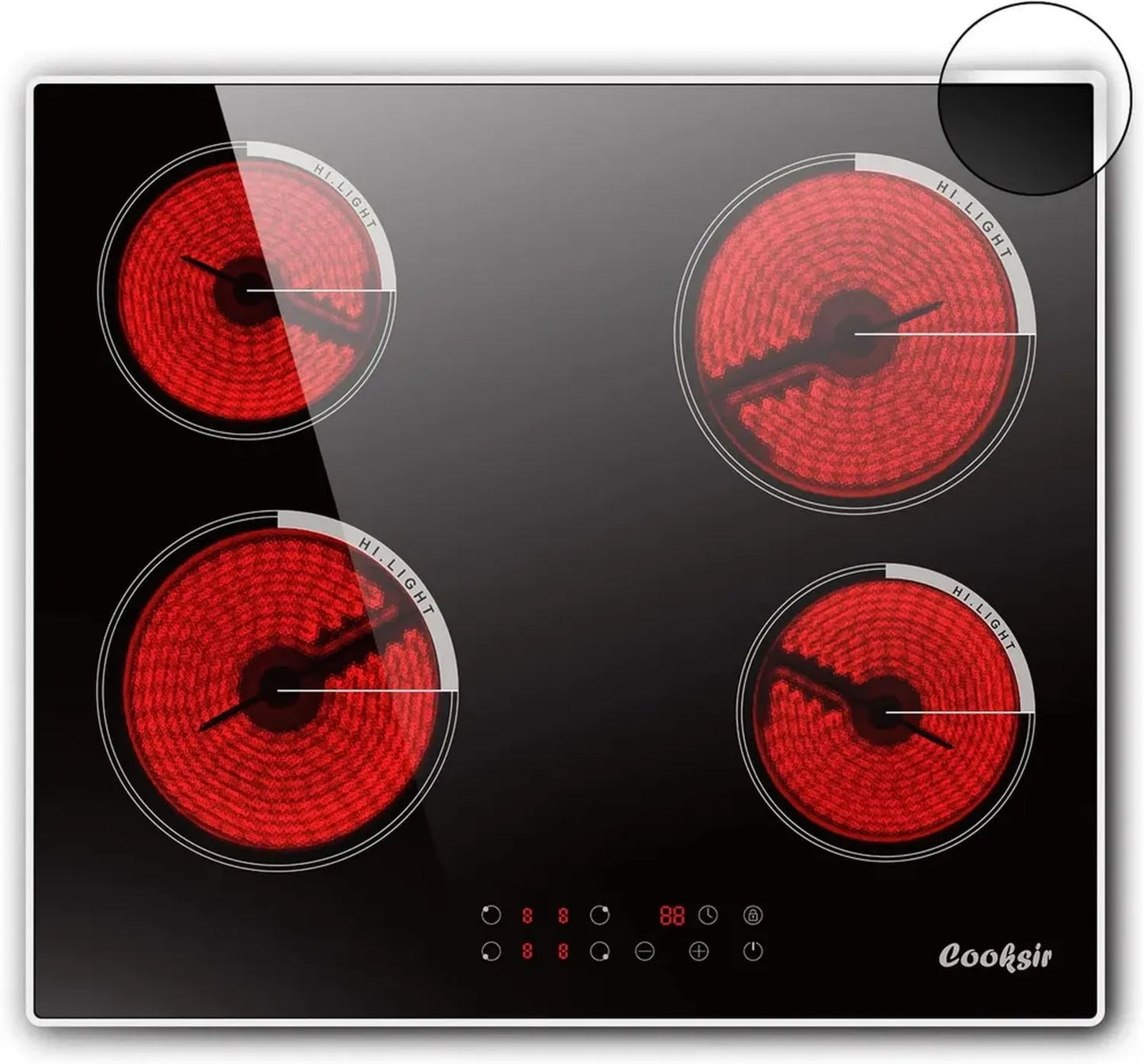 Table de Cuisson Vitrocéramique 4 Zones, Encastrable 60CM, Cadre en Inox, Puissance 6000W avec Minuterie, Verre Noir, 240V