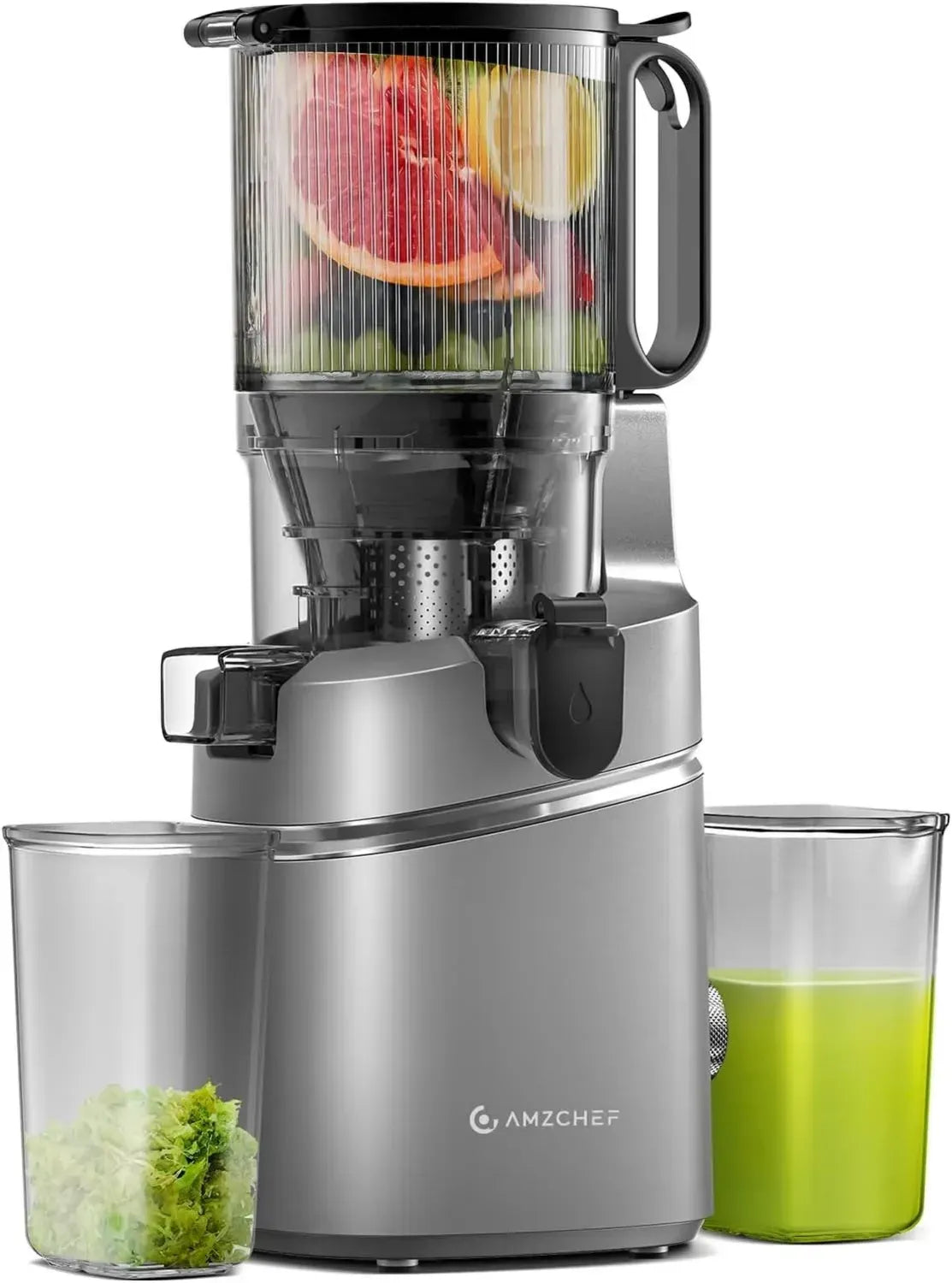 Extracteur de Jus AMZCHEF - Presse-Fruits et Légumes avec Large Ouverture 135mm, Sans BPA, Livre de Recettes Inclus, Capacité 1,8L, Filtre Triples, Couleur Grise