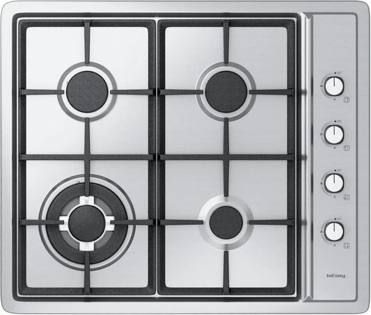 Table de Cuisson à Gaz 4 Brûleurs Inox, 60 cm Encastrable, 7,8 kW, Compatible Gaz Naturel et Butane, Sécurité Thermocouple, Grilles en Fonte