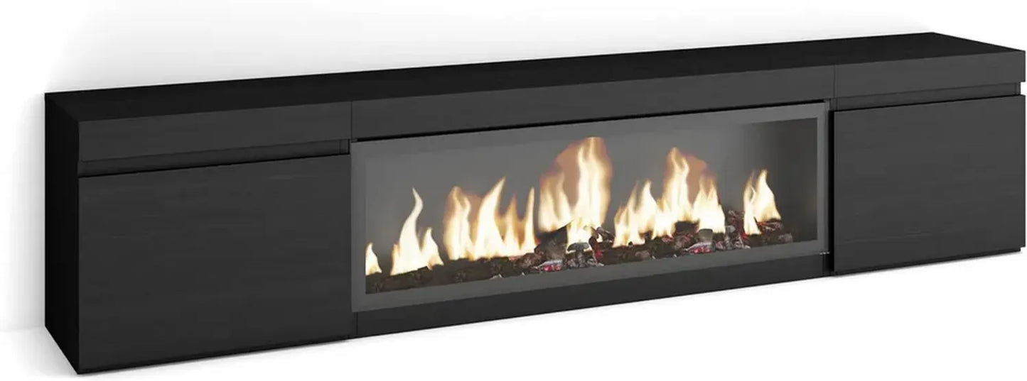 Meuble TV Moderne avec Cheminée Électrique XXL, 210 cm, Noir, Compatible TV jusqu'à 80 pouces