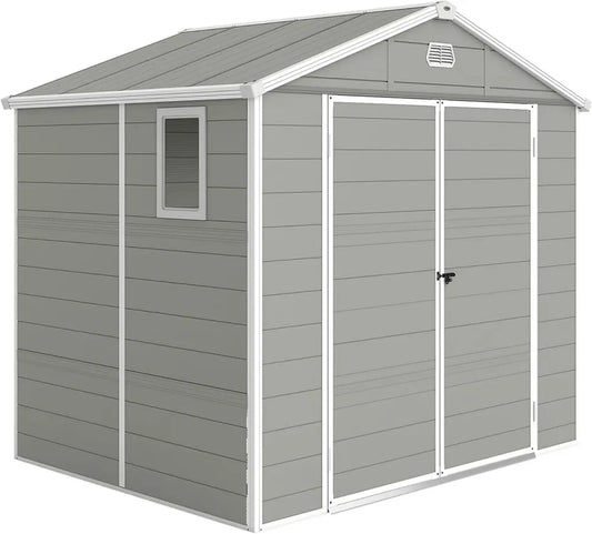 Outsunny Cabane de Jardin 4,1 m² en Plastique avec Toit à Pignon et Fenêtre, Porte Verrouillable, et Fondation, 240x190x228 cm