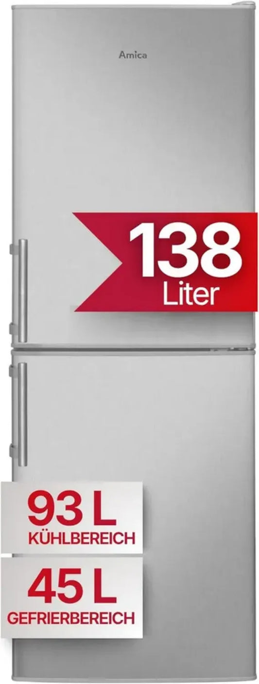 Réfrigérateur Combiné Indépendant Amica 138L - Acier Inoxydable - Dégivrage Automatique & LED