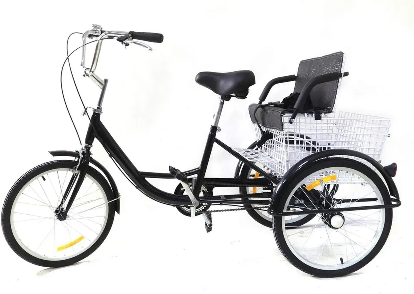 Tricycle adulte 20 pouces avec siège enfant, panier intégré, pédales antidérapantes, freins doubles et réflecteurs