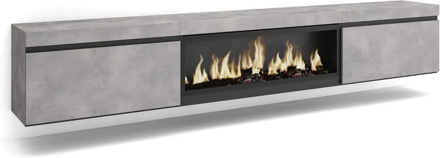 Meuble TV Moderne avec Cheminée Électrique XXL, 267x45x35 cm, Rangement Spacieux, Style Suspendu en Ciment