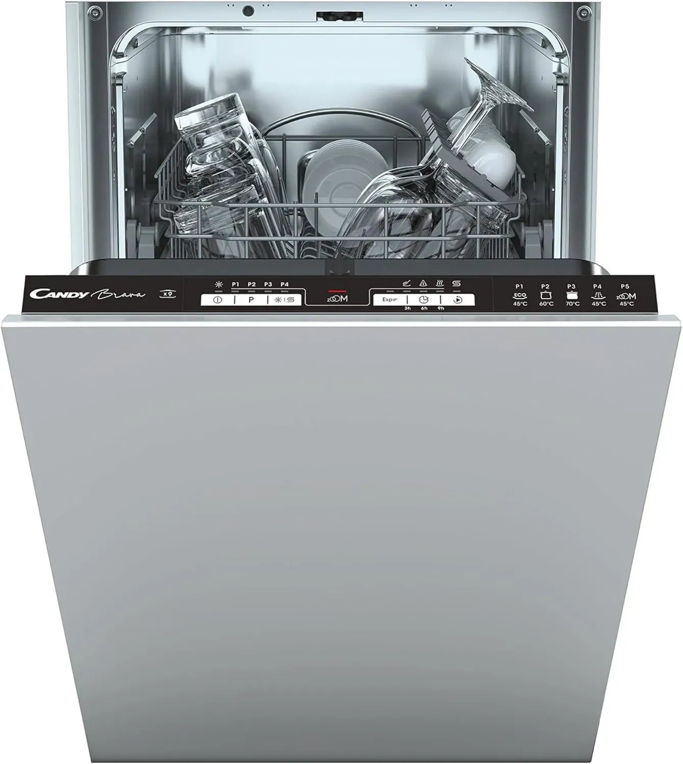 Lave-vaisselle Encastrable Candy Brava 45 cm, 9 Couverts, 5 Programmes, Zoom 32', Silencieux 49 dB, Sécurité Aquastop, Départ Différé, Intérieur Inox, Classe Énergétique F