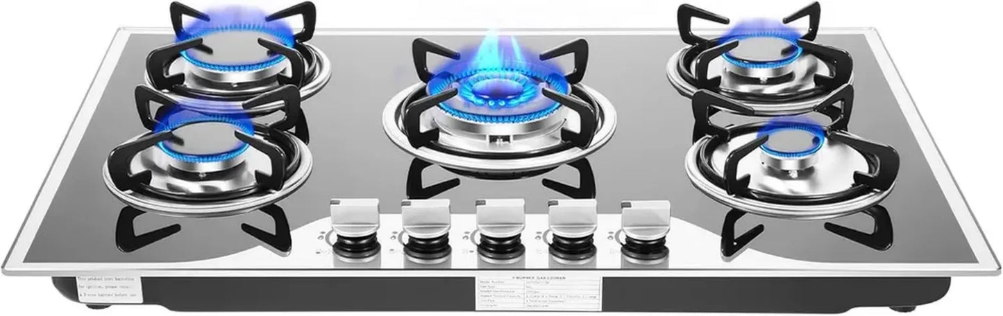 Table de cuisson à gaz 5 feux, verre trempé noir, supports en fonte, encastrable avec allumage électrique