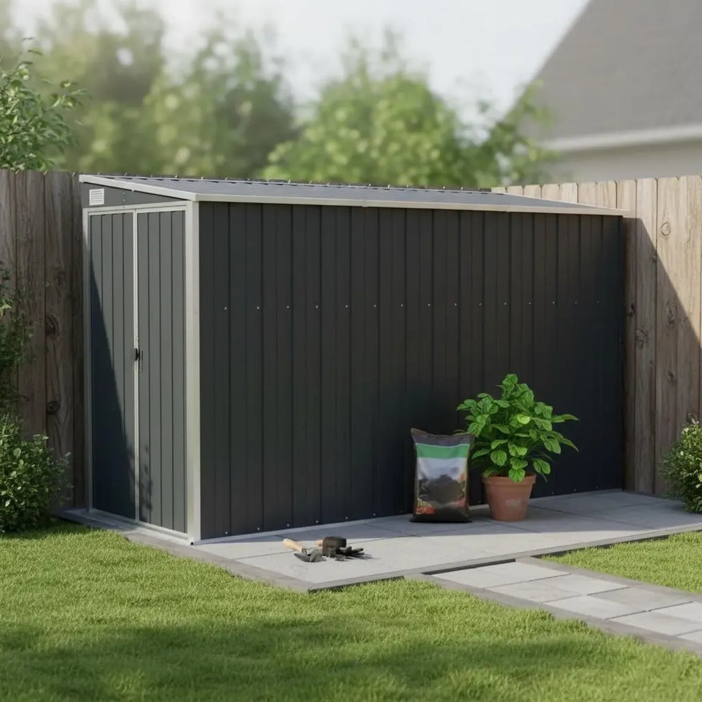 Cabane de Jardin Murale Anthracite avec Plancher en Acier Galvanisé, 118x288x178 cm, Parfaite pour Outils et Mobilier de Jardin