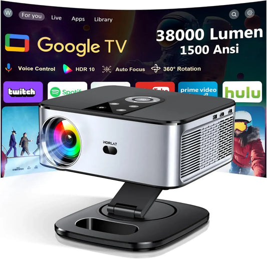 Projecteur 4K UHD 1500 ANSI, TV Intégrée Google et Netflix, Autofocus avec WiFi 6 et Bluetooth 5.2, Compatible HDR10, 38000 Lumens pour Cinéma à Domicile