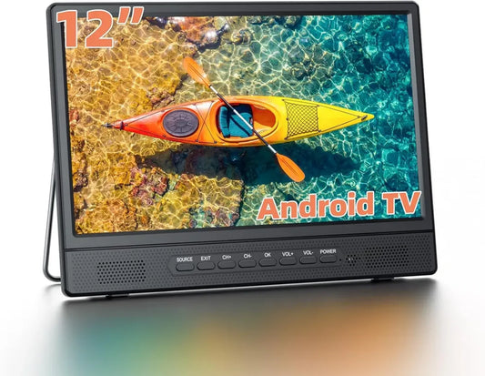 Téléviseur Portable 12 Pouces Desobry Smart TV Android, Idéal pour Camping-Car et Caravane, Connectivité HDMI USB AV avec Casque, DVB-T2, Support Pivotant 180°