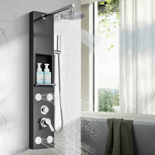 Système de Douche Thermostatique 3 en 1 avec Jets de Corps et Étagère – Noir