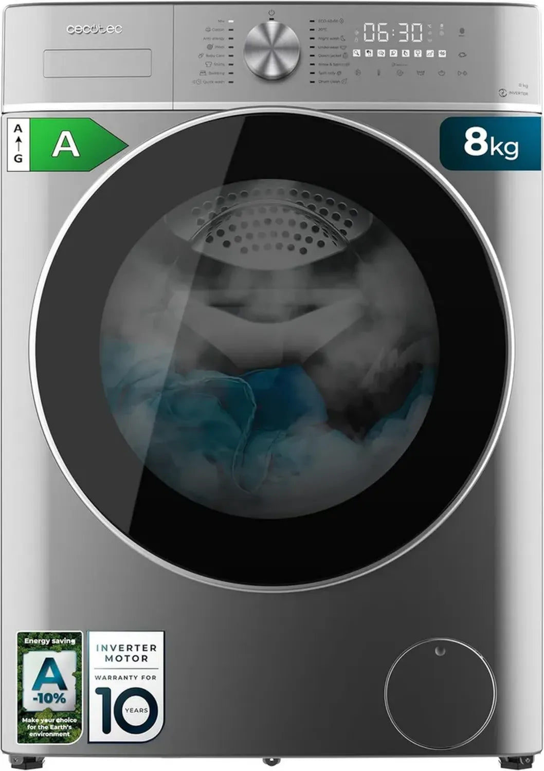 Lave-linge frontal Cecotec 8kg Bolero DressCode 8800, Inverter, 1400 tr/min, 2000W, 16 programmes, faible consommation, SteamMax, écran XXL