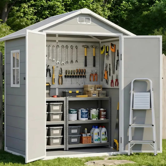 Abri de Jardin Résine Étanche avec Sol, Fenêtre, Porte Verrouillable et Aération, 201x171x129 cm – Idéal pour Outils et Vélos