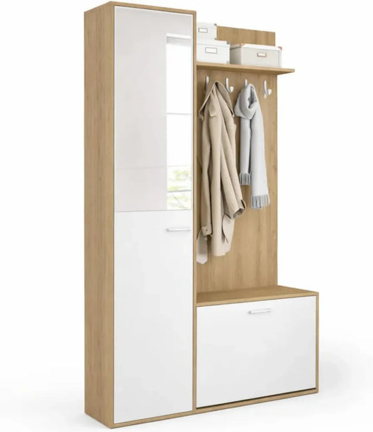 Armoire d'Entrée MAHAUT avec Miroir et Étagères - Stockage Chaussures Effet Bois Blanc