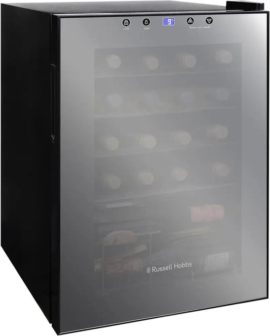 Cave à vin Russell Hobbs 62L avec porte miroir, éclairage LED, commandes tactiles et étagères ajustables