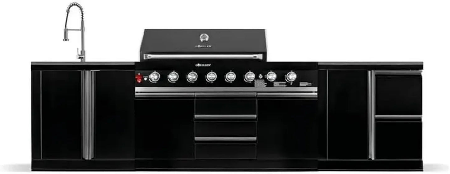 Cuisine Extérieure XXL GORILLER® M4: Barbecue à Gaz avec Évier, Plan de Travail et Rangement, Acier Inoxydable Noir