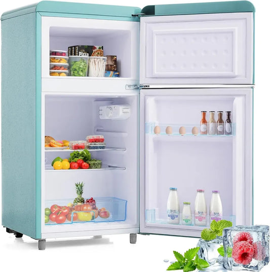Petit Réfrigérateur Vintage à Double Porte 72L avec Congélateur 21L - Économie d'Énergie Classe E - Lumière LED - Style Rétro - Idéal pour Chambre, Bureau ou Cuisine - Disponible en Cyan