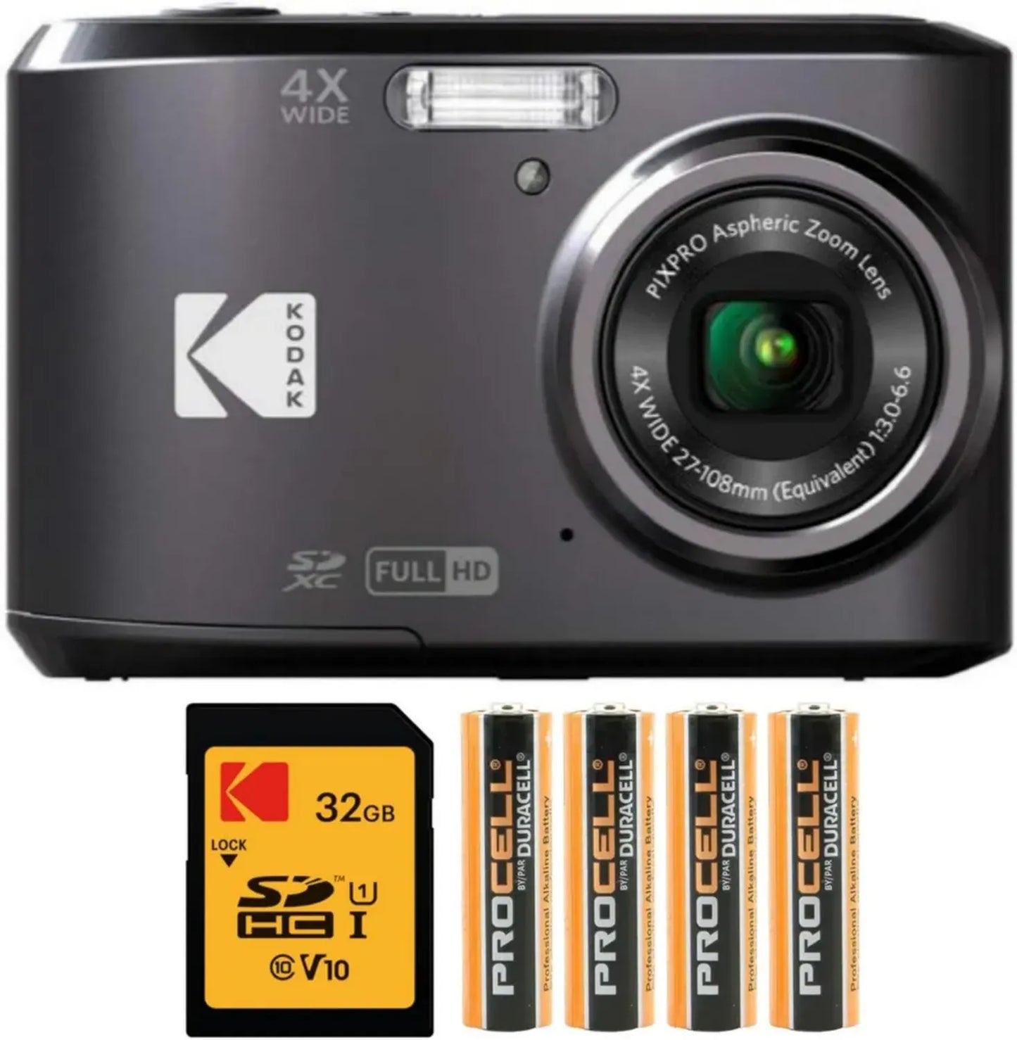 Kodak PIXPRO FZ45 Ensemble de 4 Appareils Photo Numériques avec Carte SDHC 32 Go et Piles AA Haute Performance Noires
