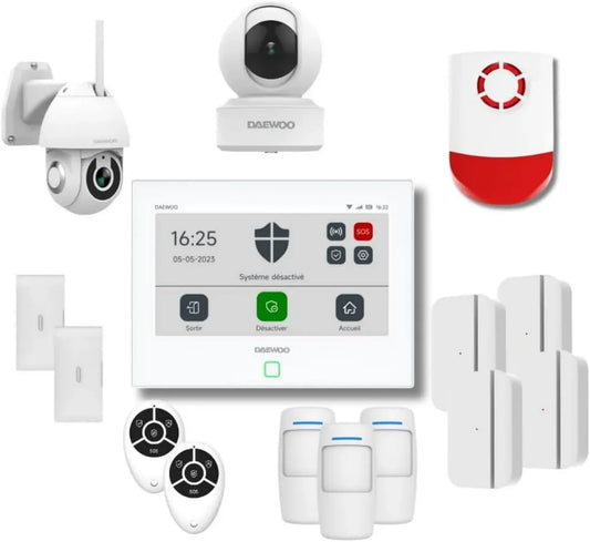 Système d'Alarme Intelligente Daewoo avec Écran Tactile 7'', WiFi/GSM, Sirène Extérieure, 12 Accessoires, 2 Caméras Full HD Rotatives