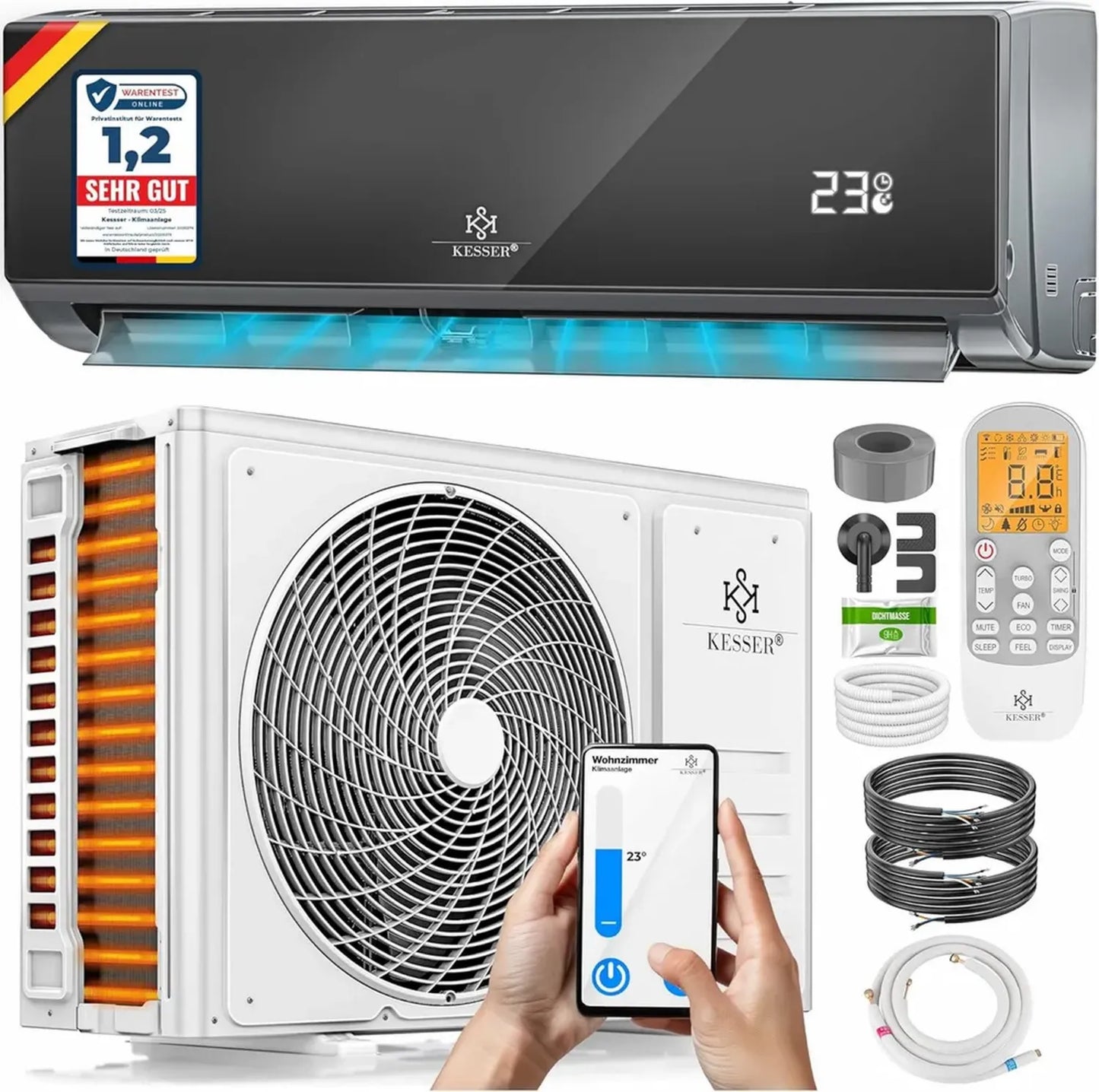 Système de Climatiseur Split KESSER® avec Wi-Fi, Refroidissement A++ et Chauffage A+, R32, 9000 BTU/h, Anthracite