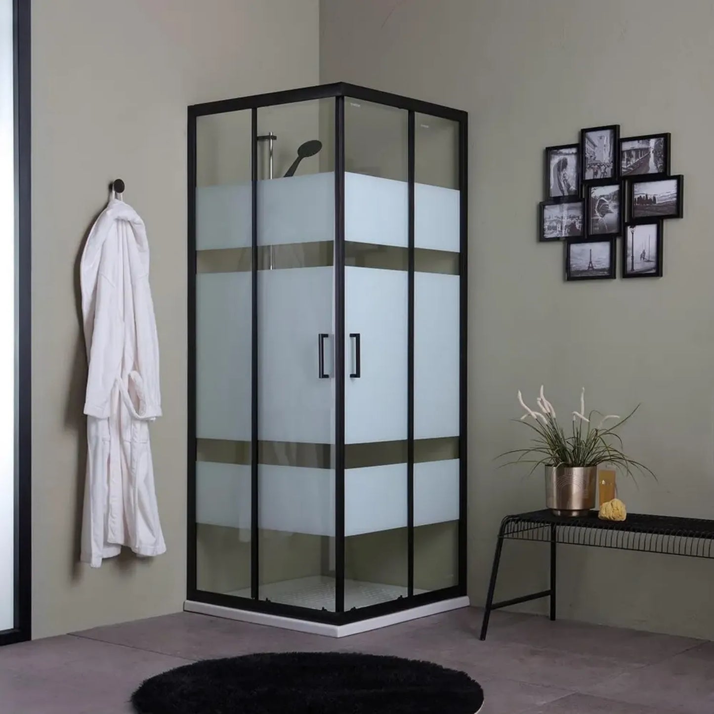 Cabine de Douche Carrée 80x80 - Verre Sérigraphié 6 mm, Finitions Noires
