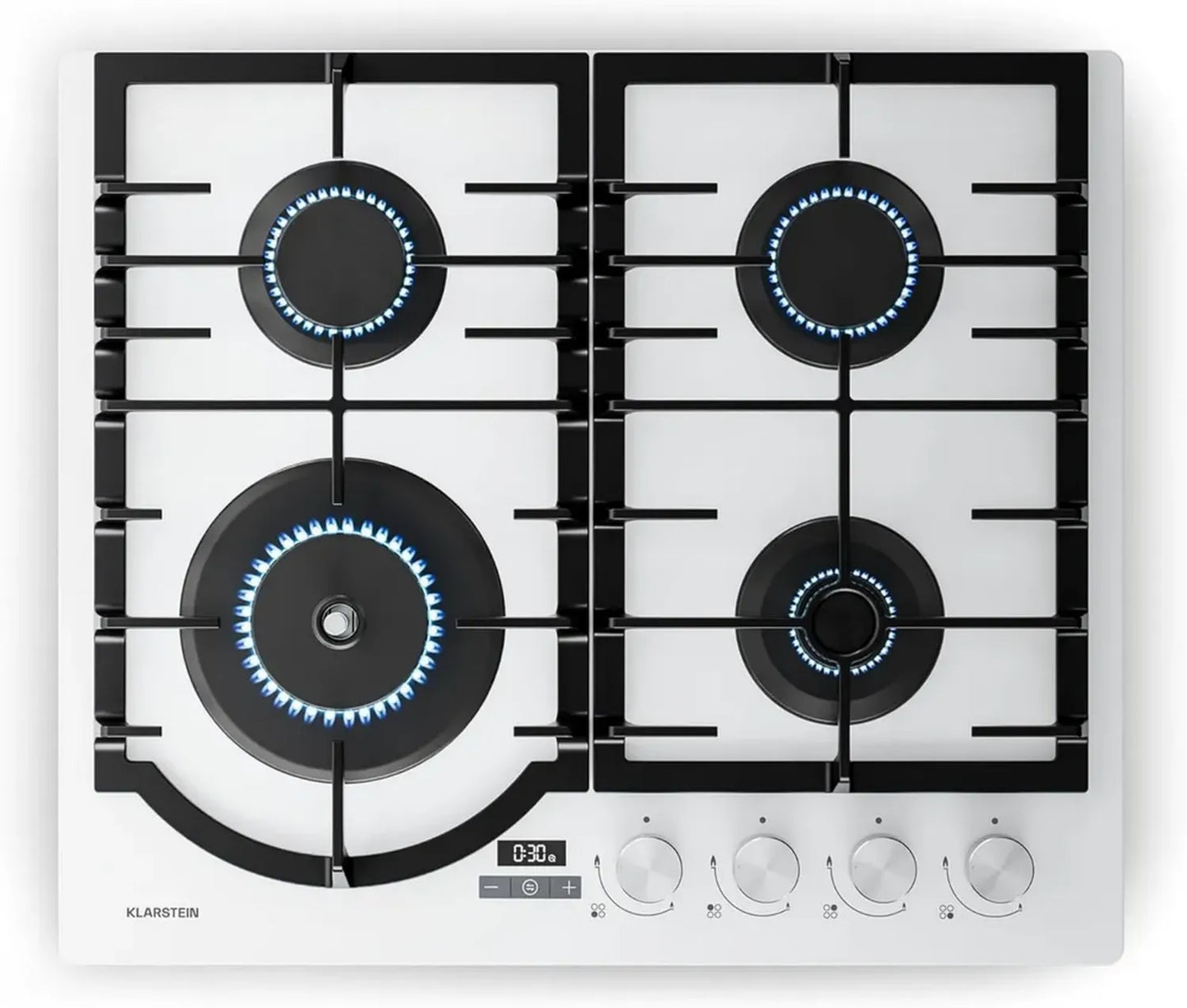 Plaque de Cuisson à Gaz Klarstein Ignito, 4 Foyers en Aluminium, 8000W, Minuterie Intégrée, Sécurité Anti-Flamme, Grilles en Fonte, Allumage Automatique, 60x51cm, Compatible Gaz GPL et Naturel, Blanc